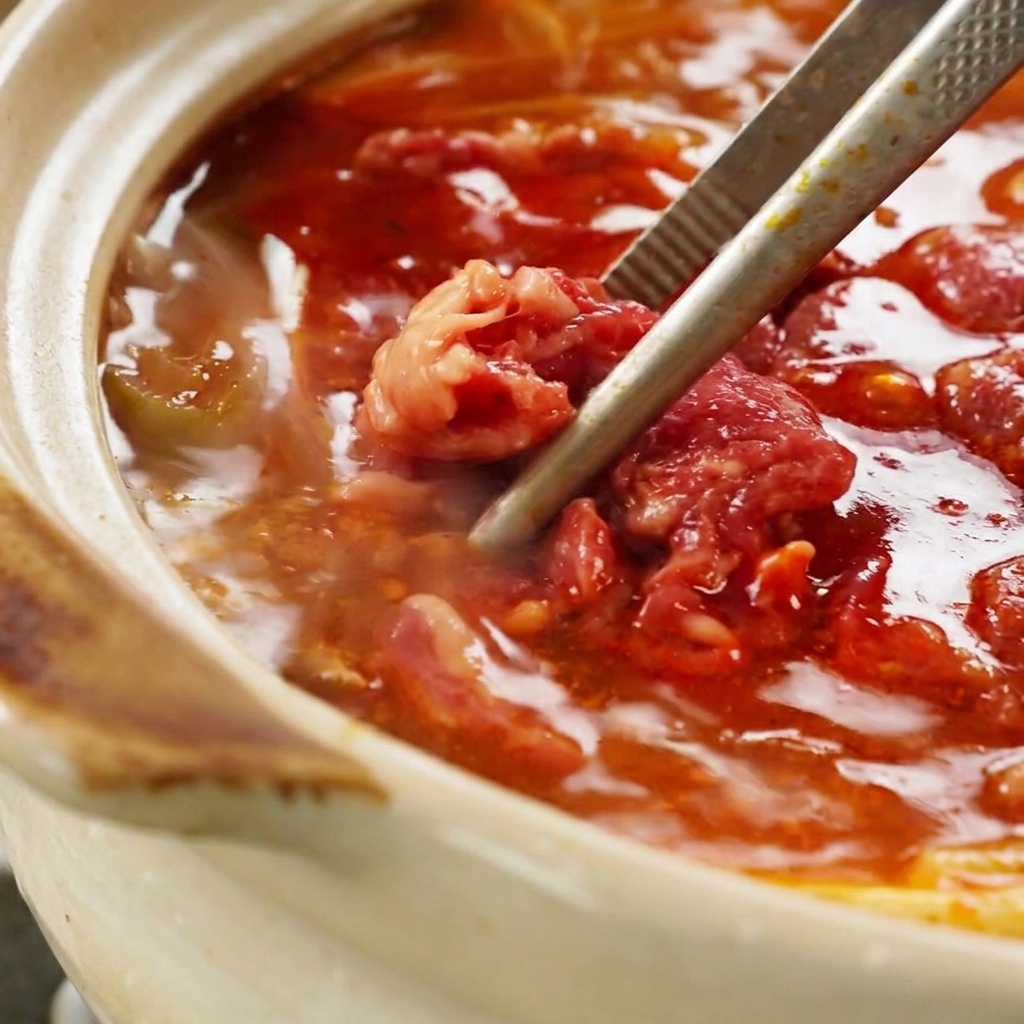 Bœuf cuisant dans le bouillon épicé, manipulé avec des baguettes.