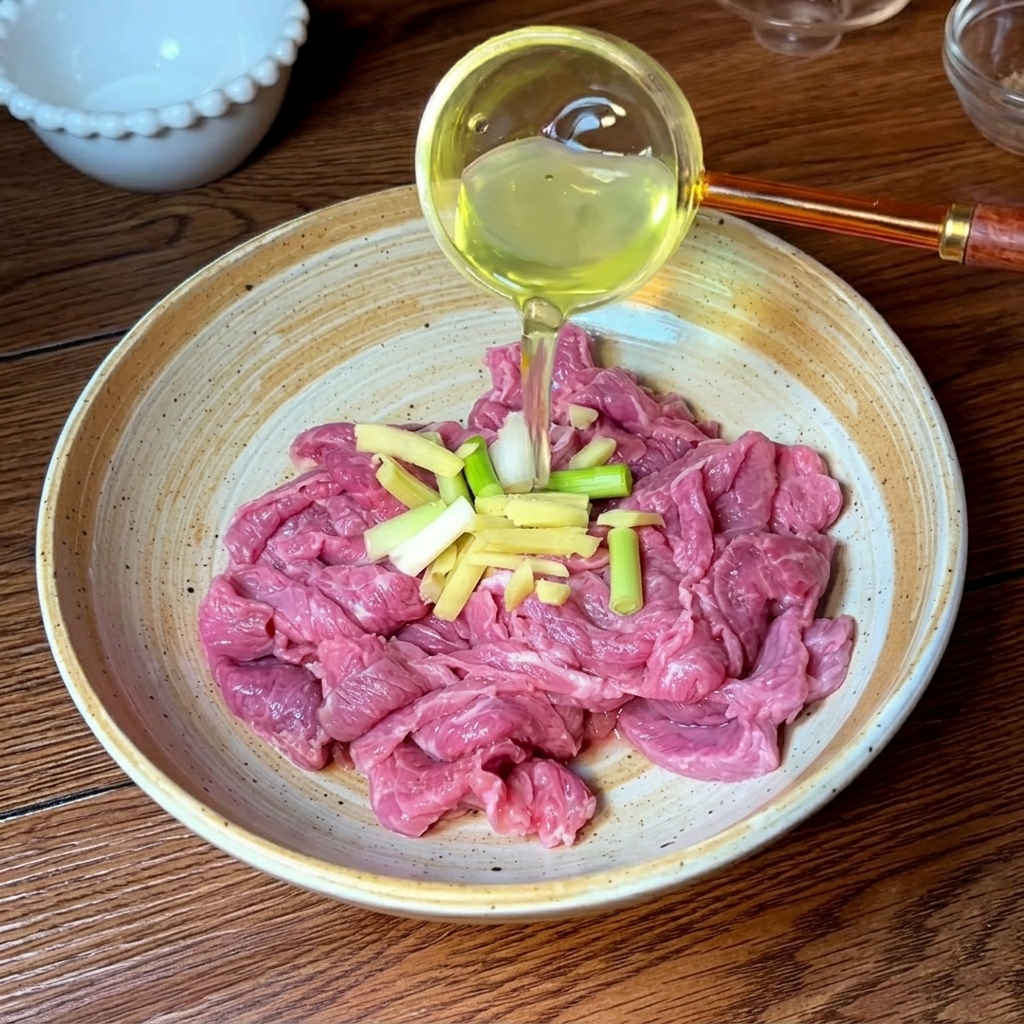 Un bol en céramique contenant du bœuf émincé cru avec des lamelles de gingembre et des oignons verts, avec une marinade liquide ajoutée.