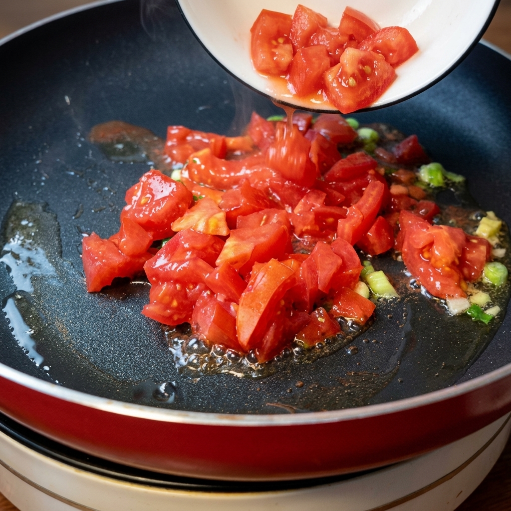 Dés de tomates fraîches ajoutés dans une poêle chaude avec de lhuile et des oignons verts.