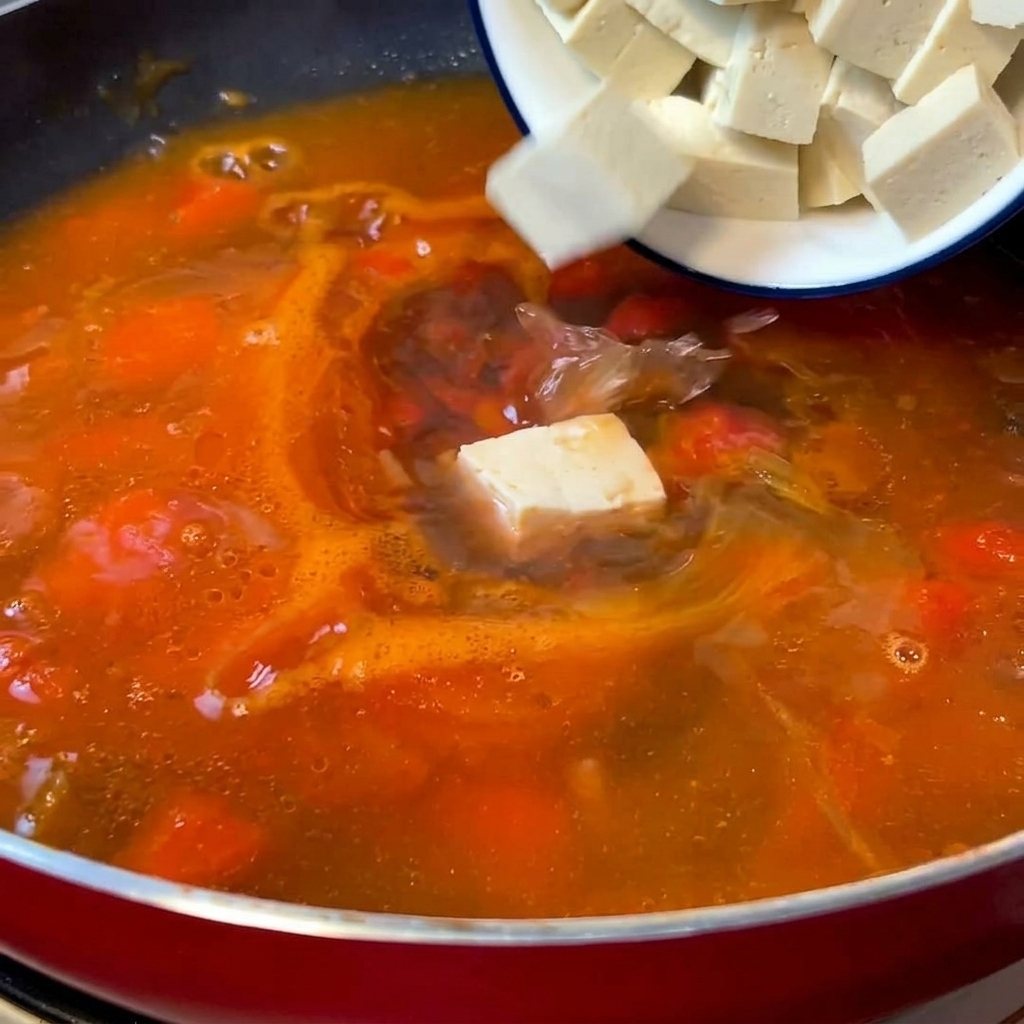 Dés de tofu blanc ajoutés dans une poêle remplie dune base de soupe aux tomates bouillonnante.