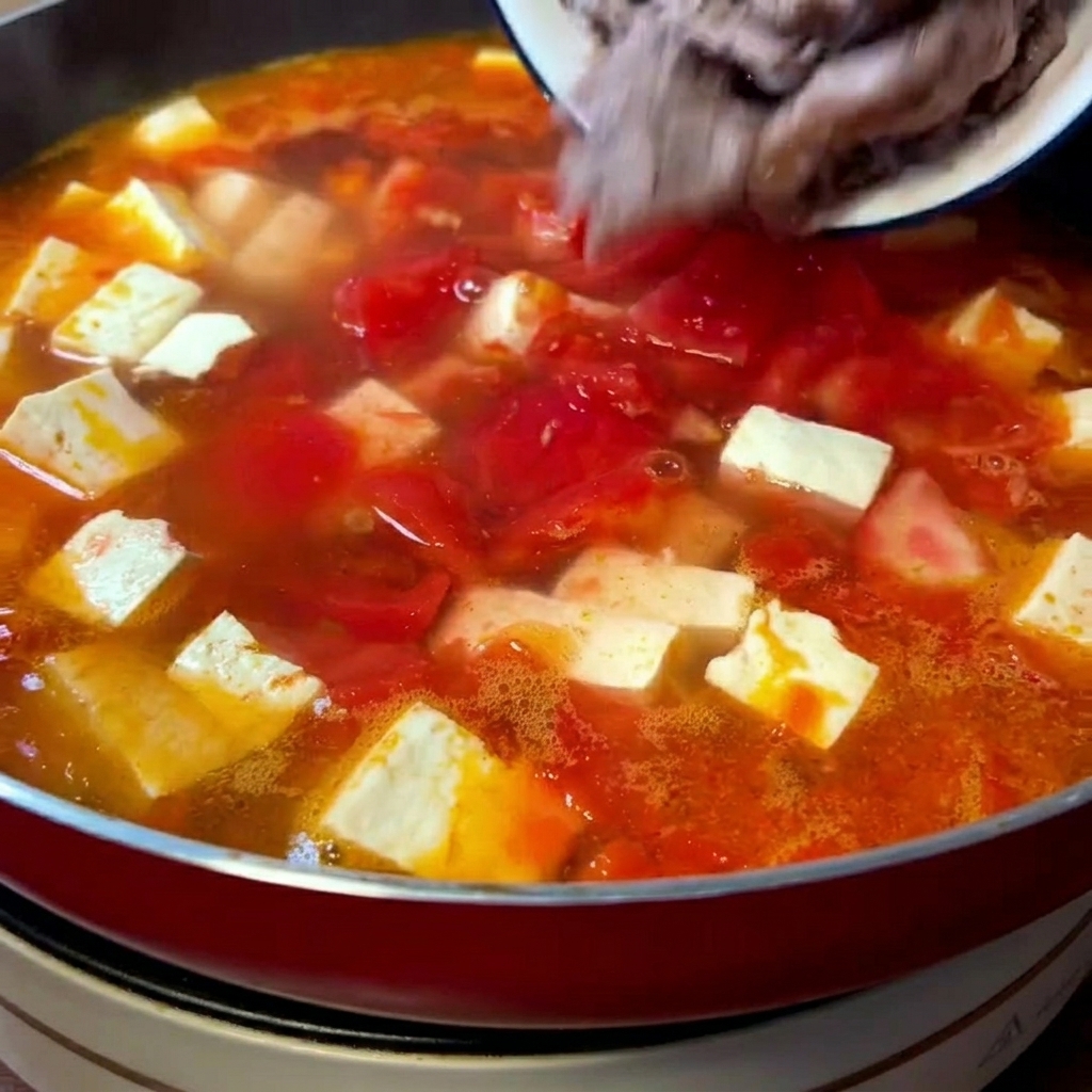 Tranches de bœuf saisies ajoutées dans la soupe de tomates et tofu mijotant.