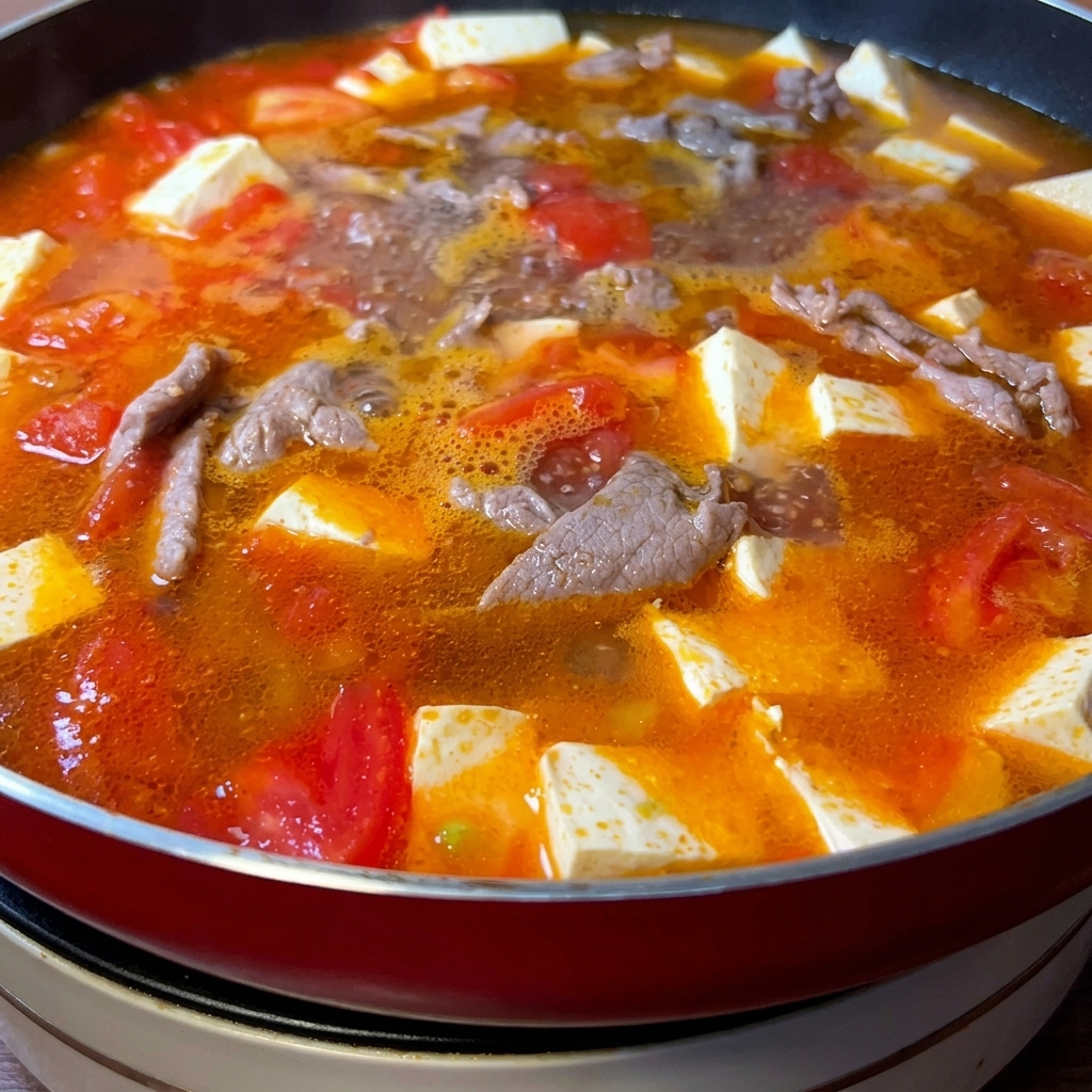 Une poêle contenant une soupe colorée avec des morceaux de tomates, des dés de tofu et des tranches de bœuf.