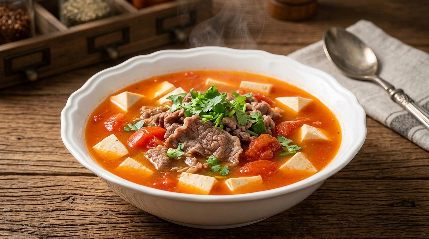 Soupe savoureuse au bœuf, tofu et tomates