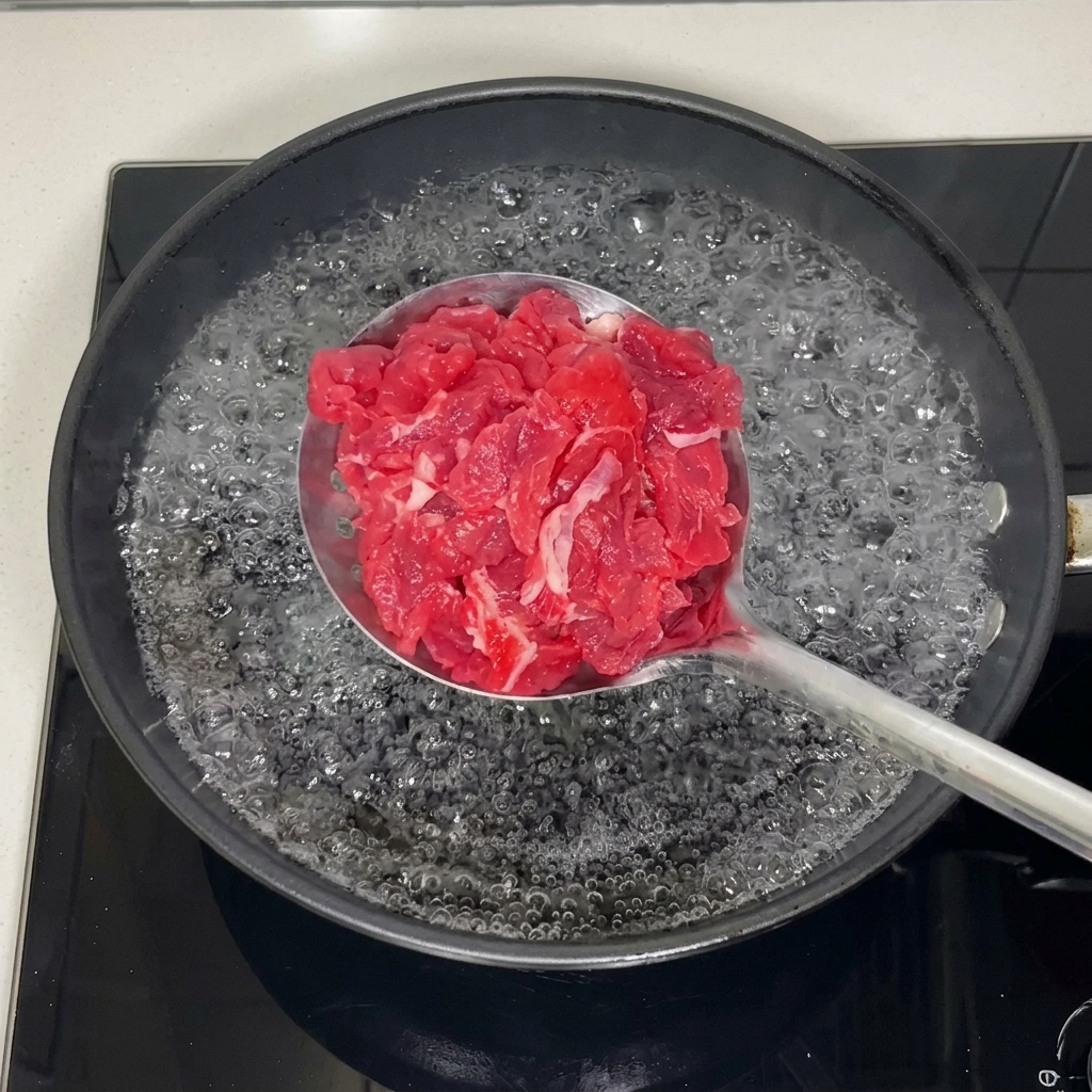 Tranches de bœuf cru sur une écumoire plongées dans de leau bouillante.