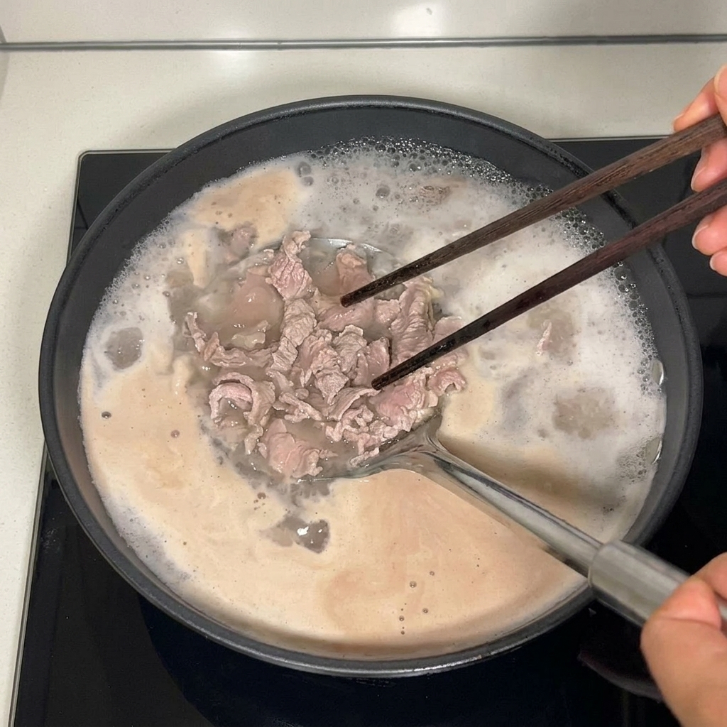 Le bœuf blanchi retiré de leau à laide dune écumoire.