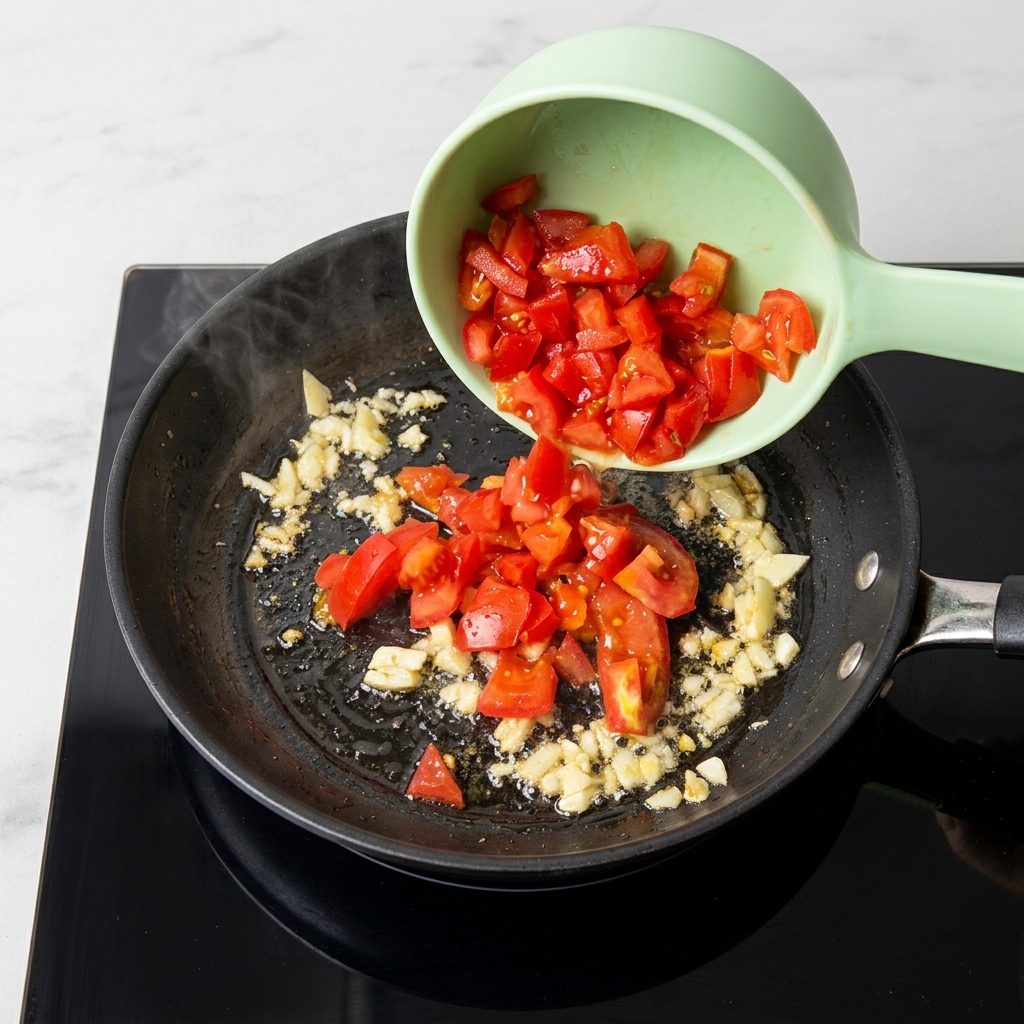 Tomates coupées versées dans la poêle avec lail.