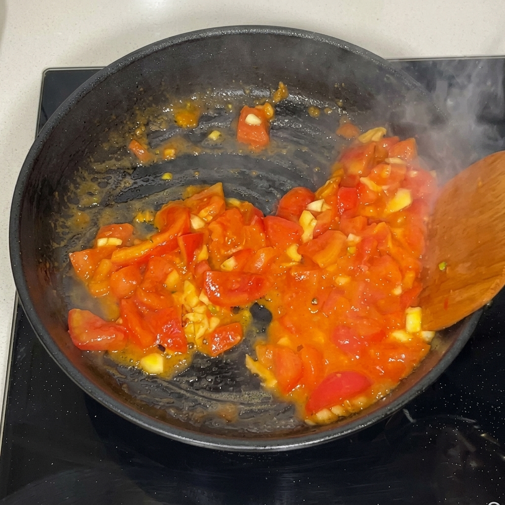 Tomates écrasées à la spatule dans la poêle.