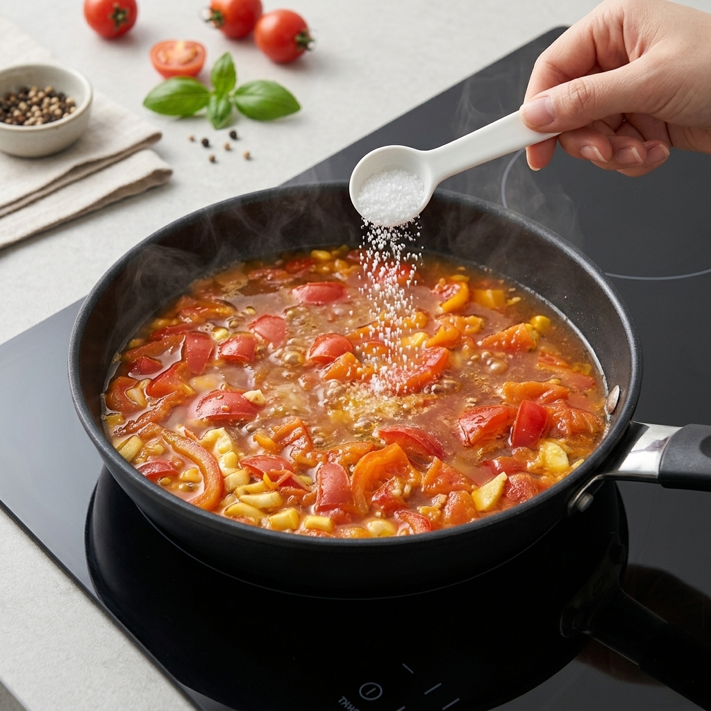 Sel ajouté dans la soupe qui mijote.
