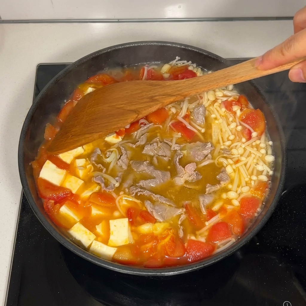 Mélange doux de la soupe avec une spatule.