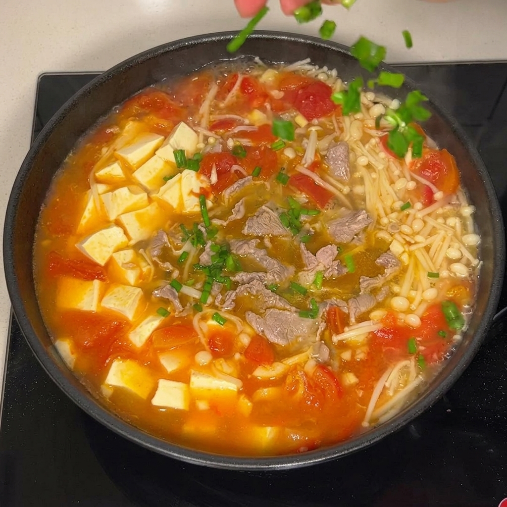Ciboule ciselée parsemée sur la soupe.