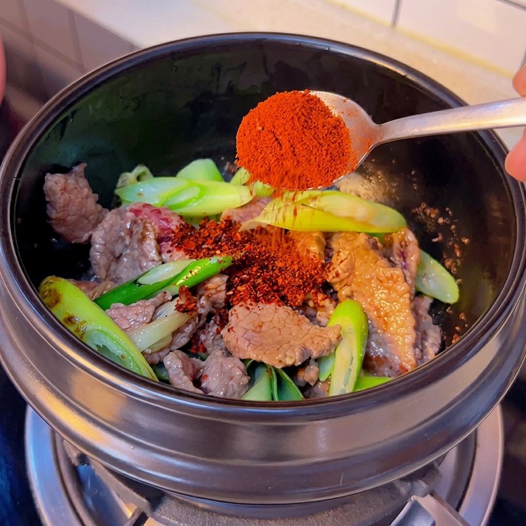 Poudre de piment fin saupoudrée sur la préparation.
