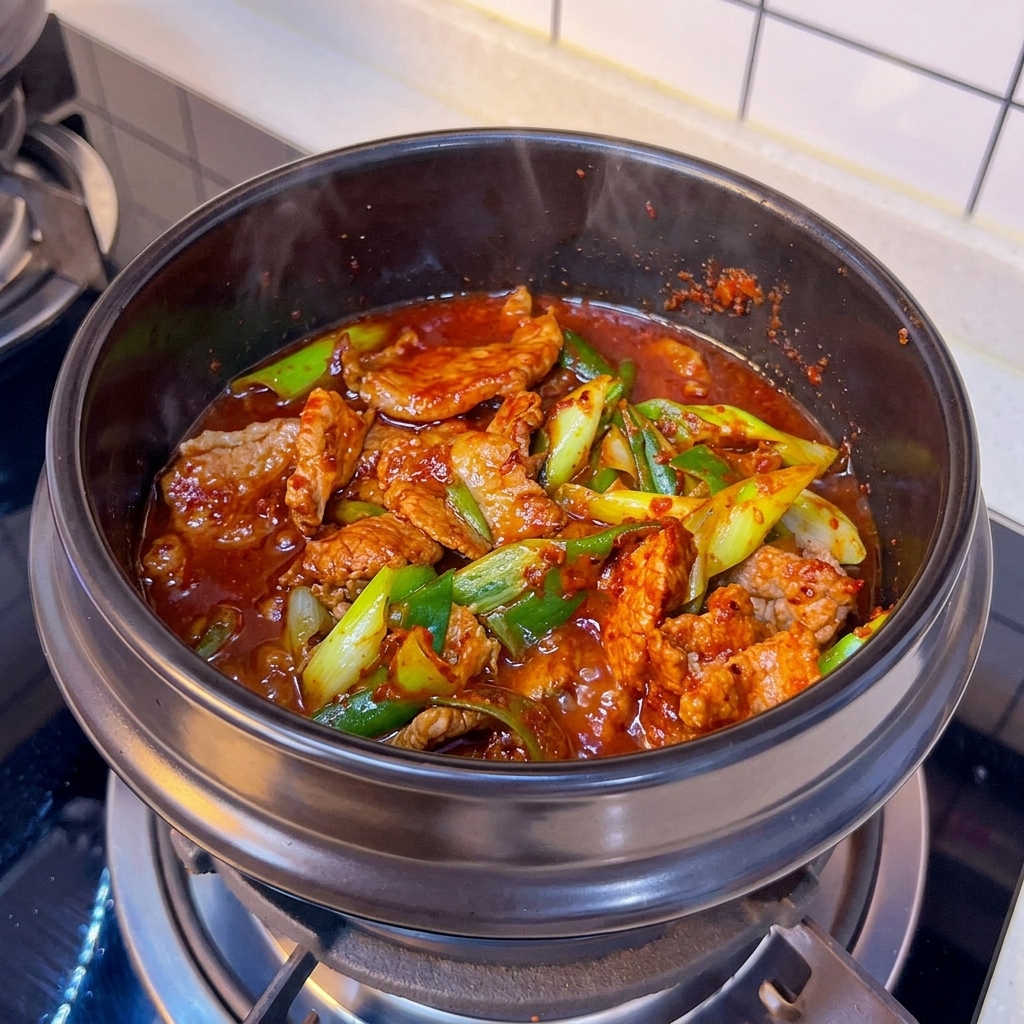 Bouillon rouge frémissant avec le bœuf et les oignons.