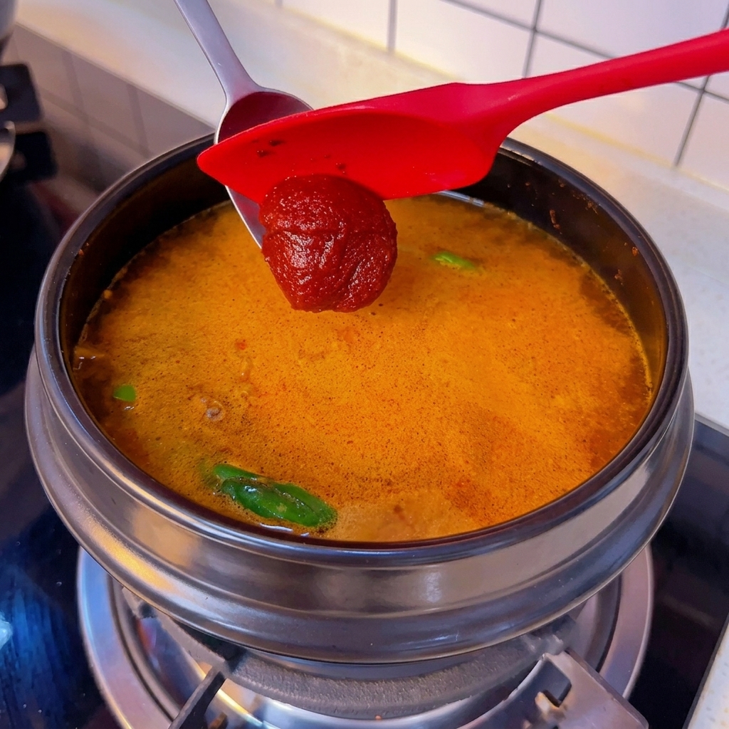 Ajout de gochujang dans le bouillon.