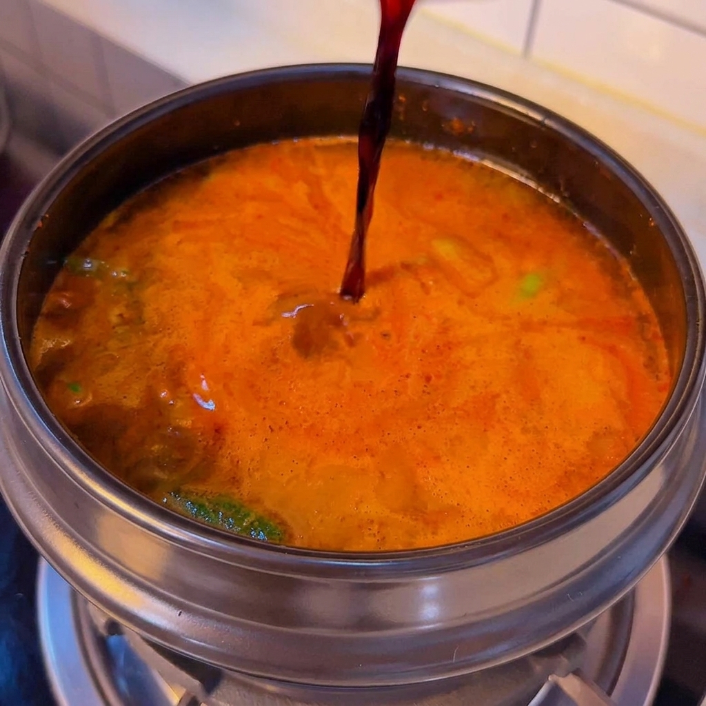 Filet de sauce soja versé dans le bouillon bouillonnant.