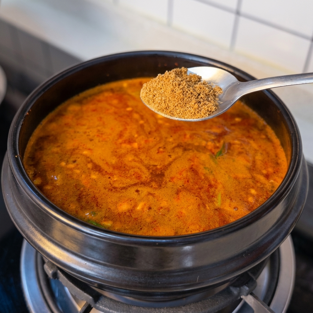 Cuillère dassaisonnement Dashida ajoutée dans le pot.