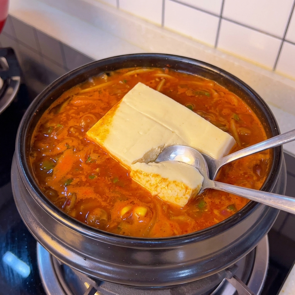 Tofu divisé par une cuillère dans le bouillon.