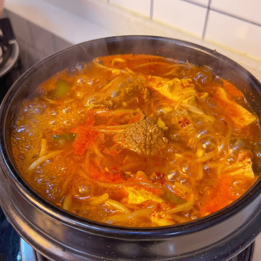 Ragoût bouillonnant intensément avec bœuf, tofu et pousses.