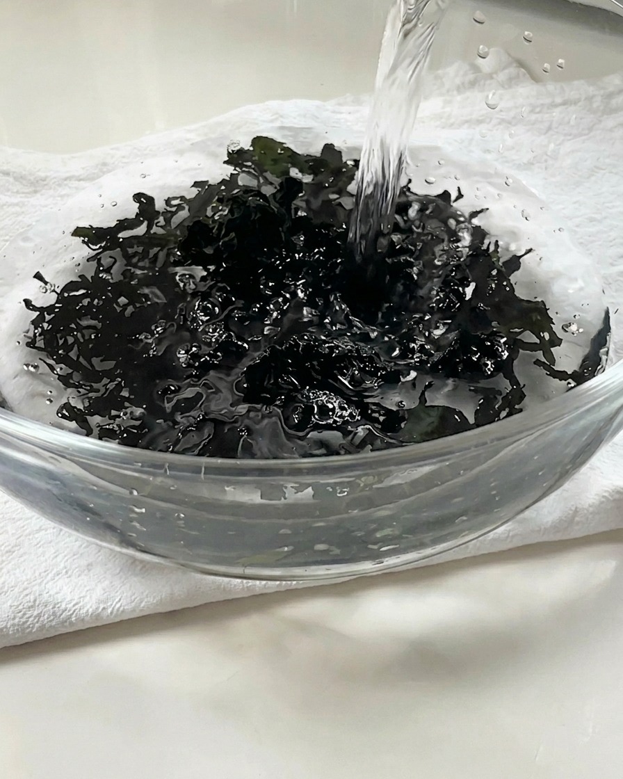 De leau chaude transparente est versée sur des algues wakame sèches dans un bol en verre.