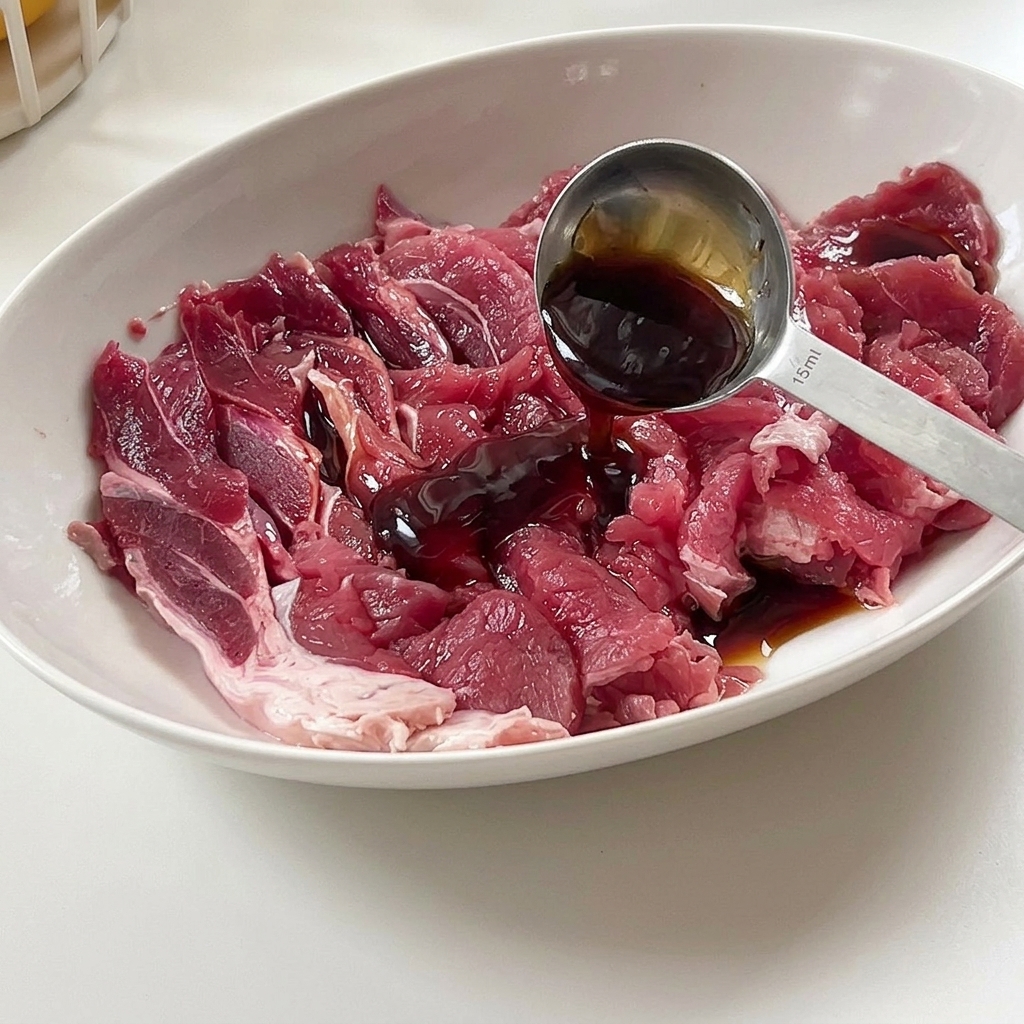 Tranches de bœuf cru dans un bol blanc assaisonnées avec un liquide sombre à laide dune cuillère doseuse.