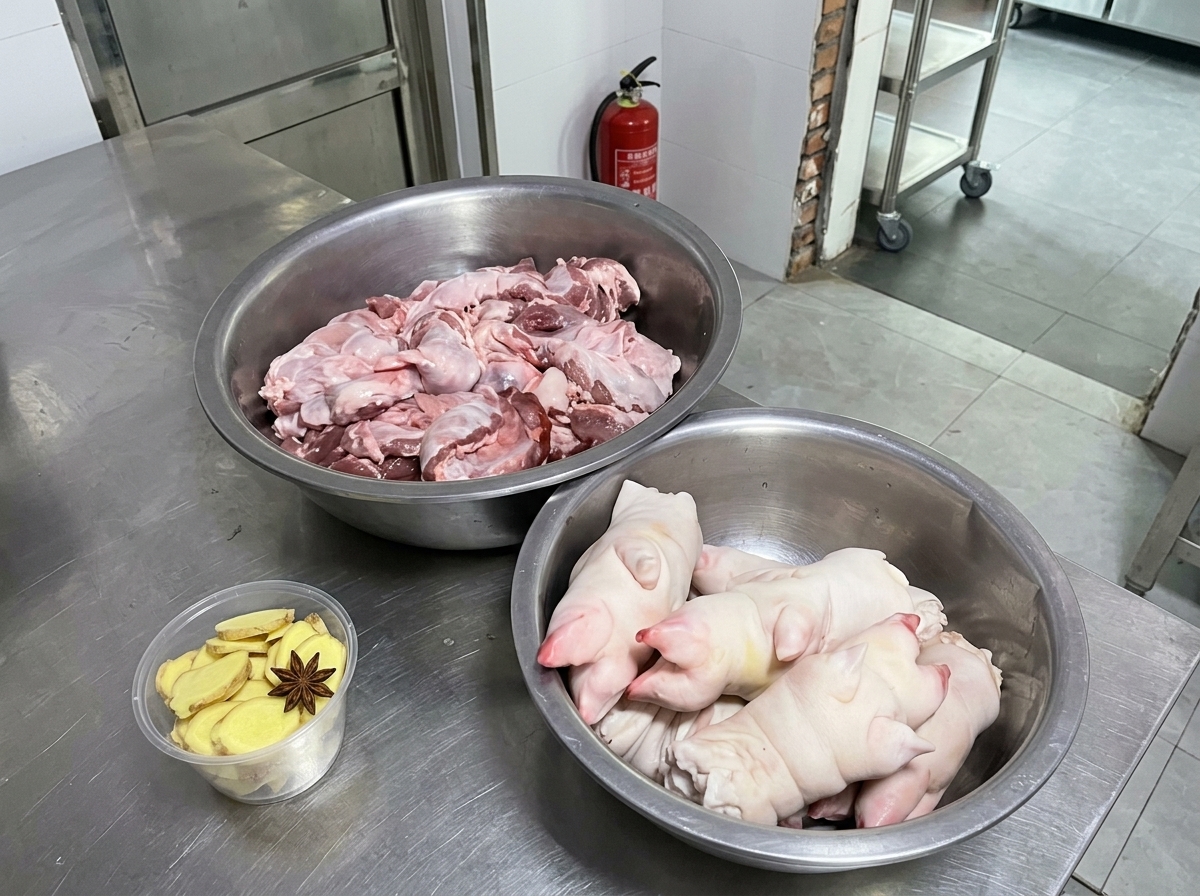 Deux grands bols en inox remplis de pieds de porc crus et de hampe de bœuf, à côté dun petit récipient contenant des rondelles de gingembre et de lanis étoilé.