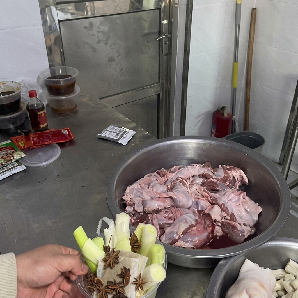 Une personne tient une boîte transparente remplie de gros morceaux de cébettes, de gingembre émincé et danis étoilé au-dessus du plan de travail.