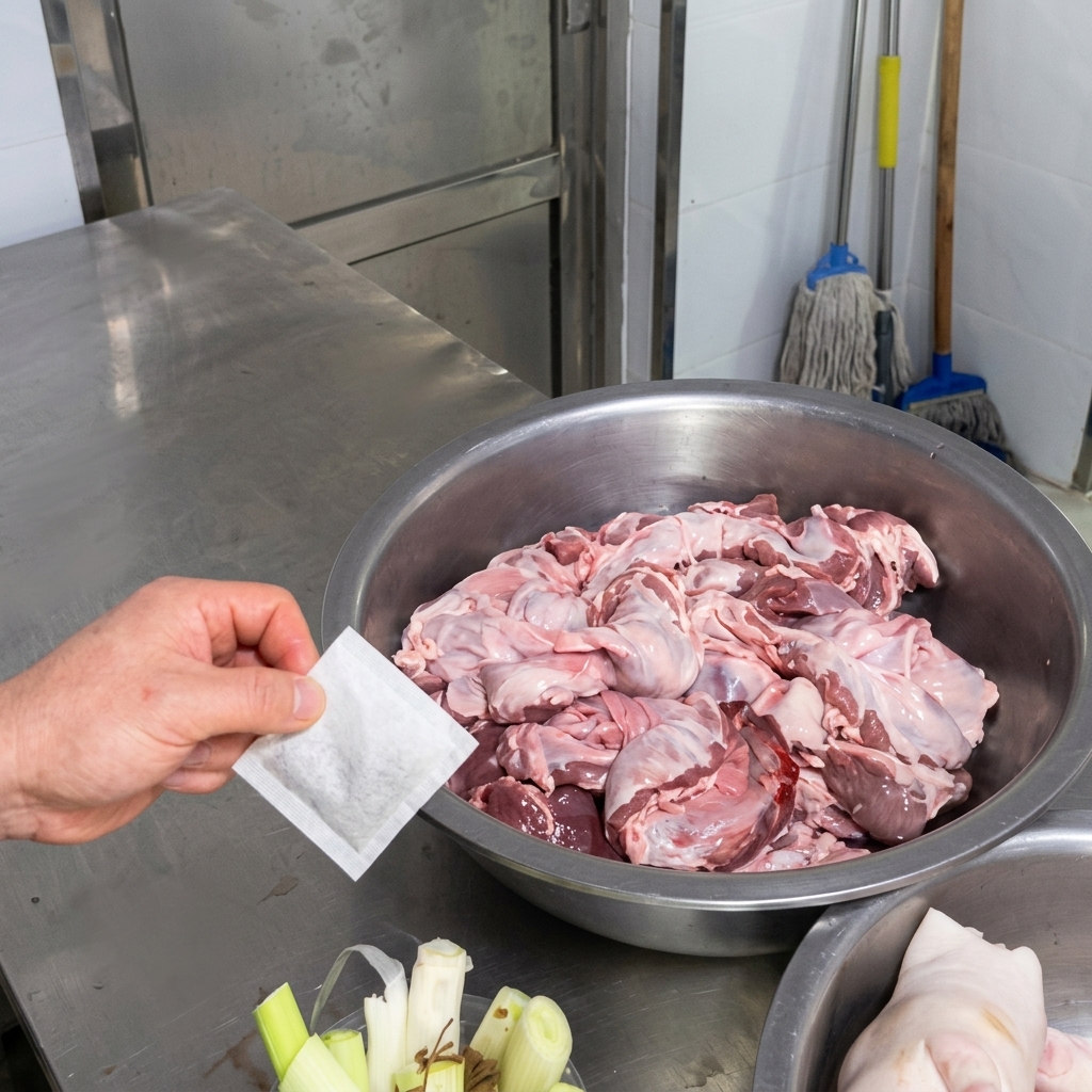 Gros plan sur une main tenant un petit sachet dépices en tissu blanc au-dessus dun grand bol de viande crue.