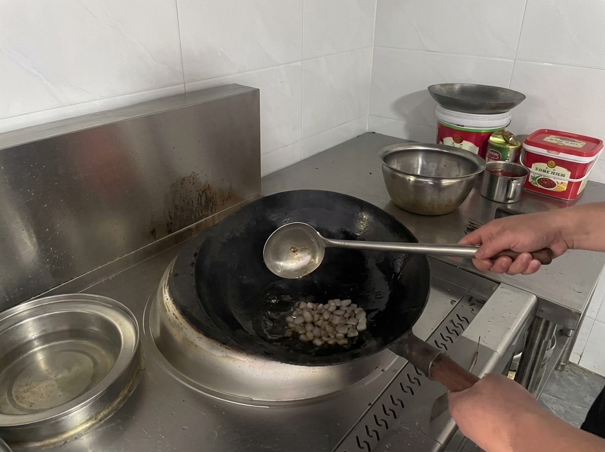 Une louche métallique repose dans un wok noir chauffé avec un fond dhuile et quelques gros cristaux de sucre candi blanc.