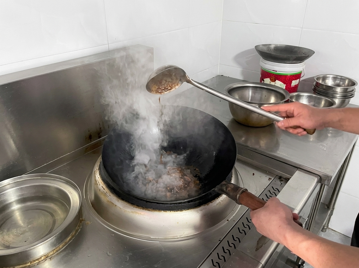 Un sirop de sucre caramélisé, bouillonnant et dun rouge-orangé foncé, tapisse le fond du wok avec une épaisse vapeur qui sen dégage.