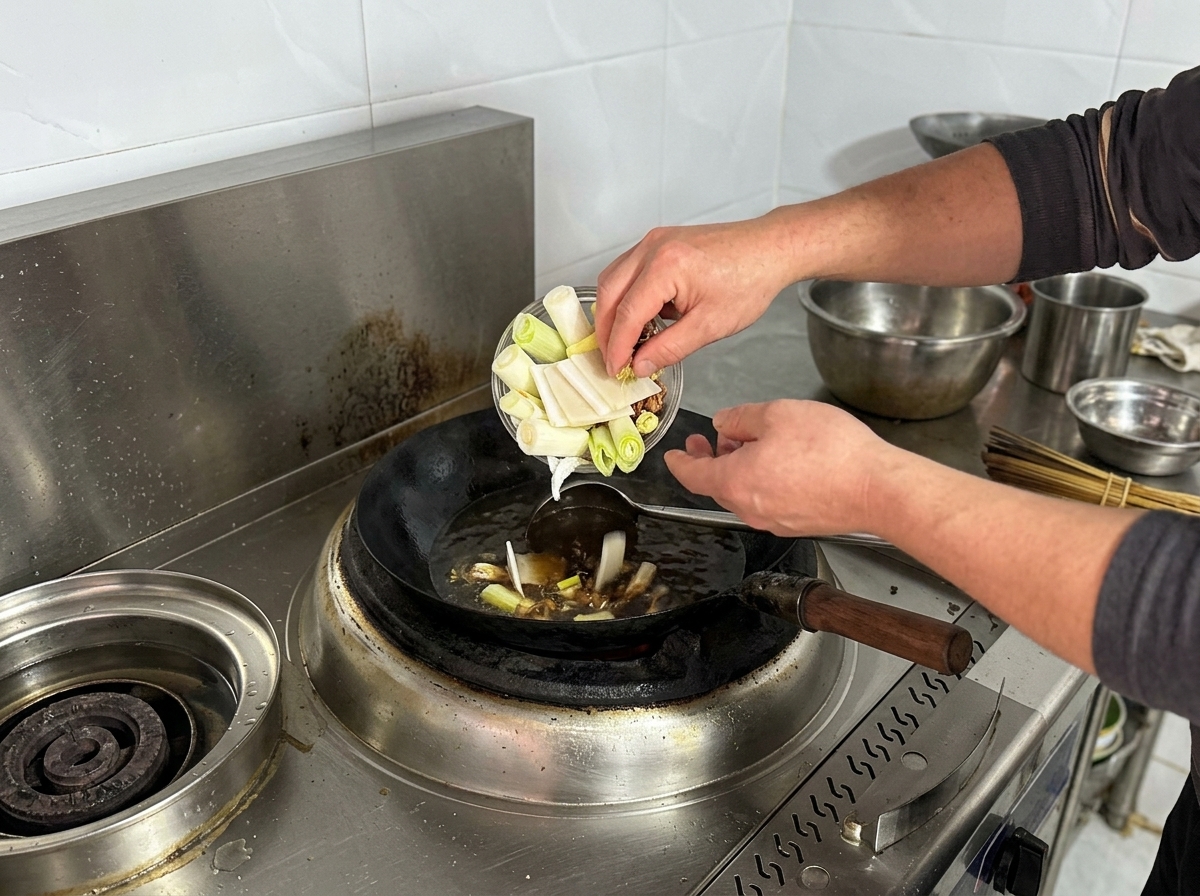 Des mains versent un bol de cébettes, de rondelles de gingembre et danis étoilé dans un bouillon sombre frémissant.