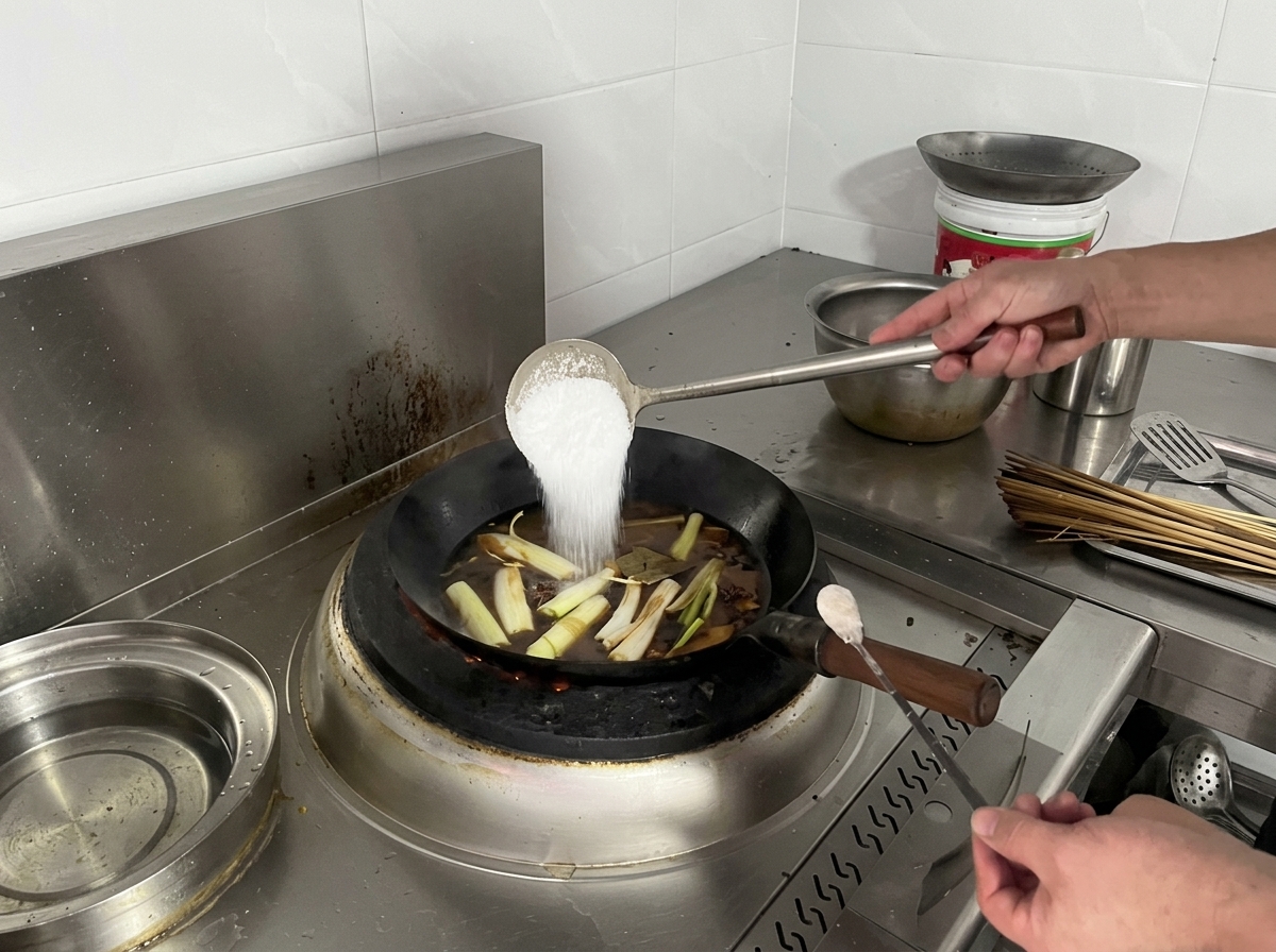 Une louche verse du sel blanc fin dans un wok rempli de bouillon brun frémissant avec des aromates.