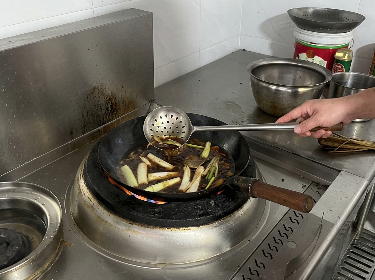 Une louche remue un liquide brun et bouillonnant dans un wok contenant des ciboules et des épices.