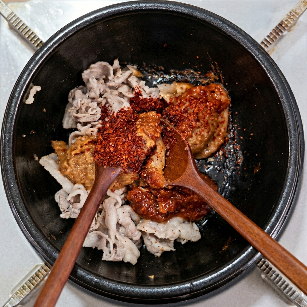 Porc sauté avec les pâtes et le piment en poudre.