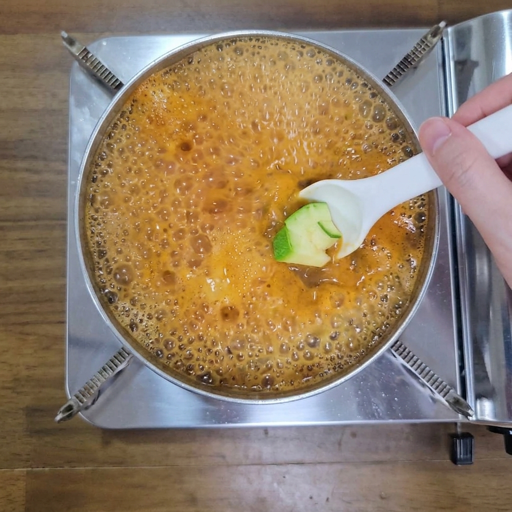 Ajout de courgettes hachées dans le ragoût bouillant.