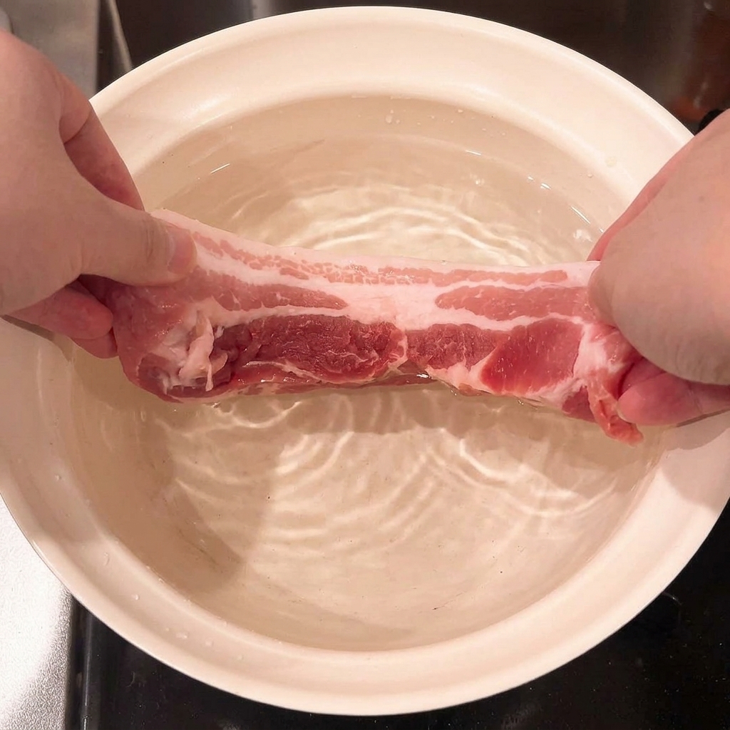 Une bande crue de poitrine de porc plongée dans une casserole deau froide.