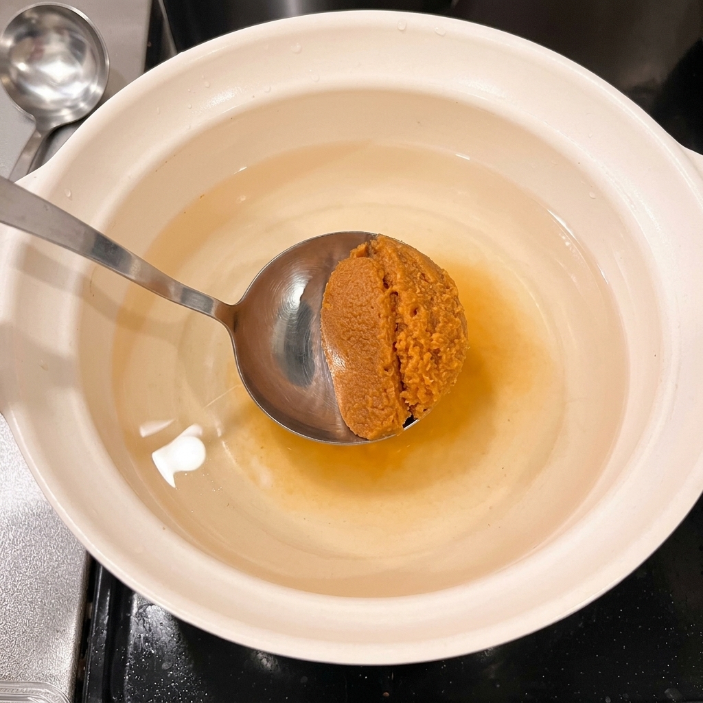 Une cuillerée de pâte miso délicatement mélangée au liquide de cuisson.