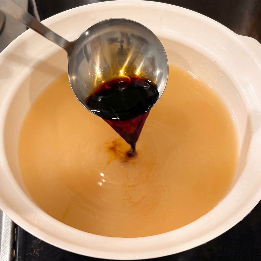 De la sauce soja foncée versée dune louche en métal dans un bouillon clair au sein dune marmite en céramique blanche.