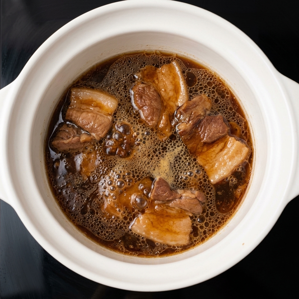 Des morceaux de porc mijotant à découvert dans une sauce sombre et frémissante au fond dune marmite blanche.