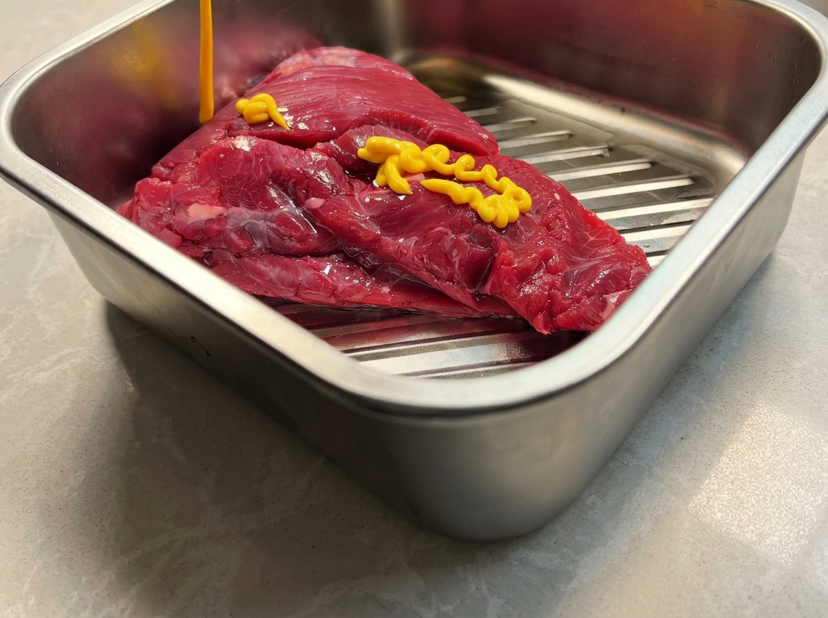 Une poitrine de bœuf crue dans un plat en inox sur laquelle on étale de la moutarde.