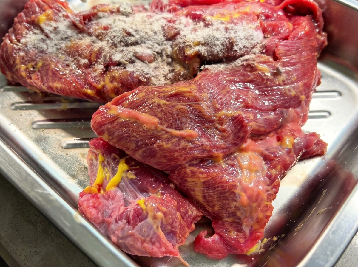Un morceau de poitrine de bœuf crue enrobé dun mélange dépices sec dans un plat.