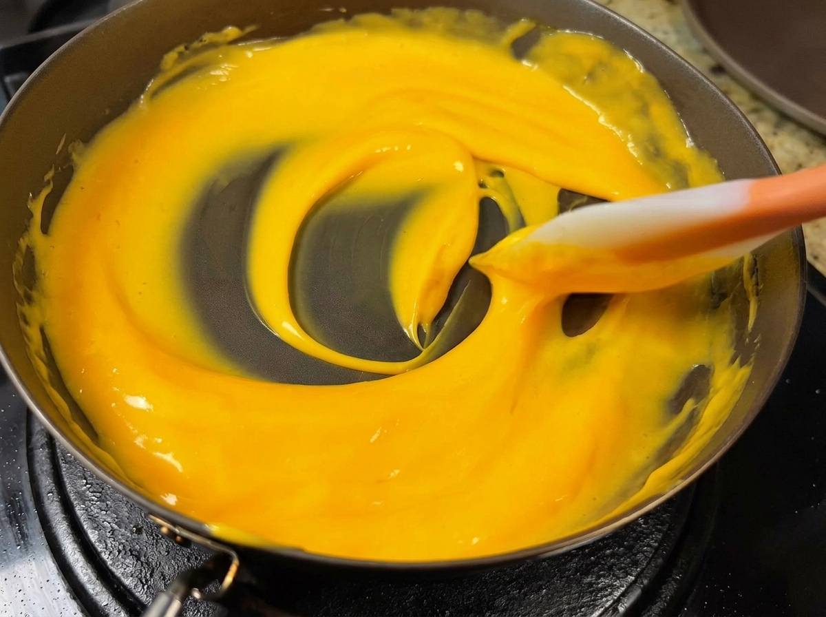 Une sauce au fromage jaune et crémeuse mélangée dans une poêle antiadhésive avec une spatule en silicone.