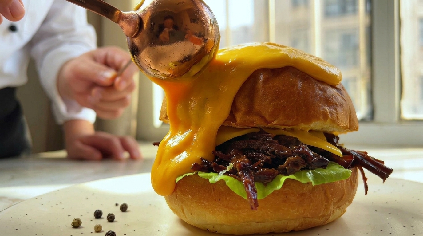 Burger à l'Effiloché de Bœuf et sa Cascade de Fromage