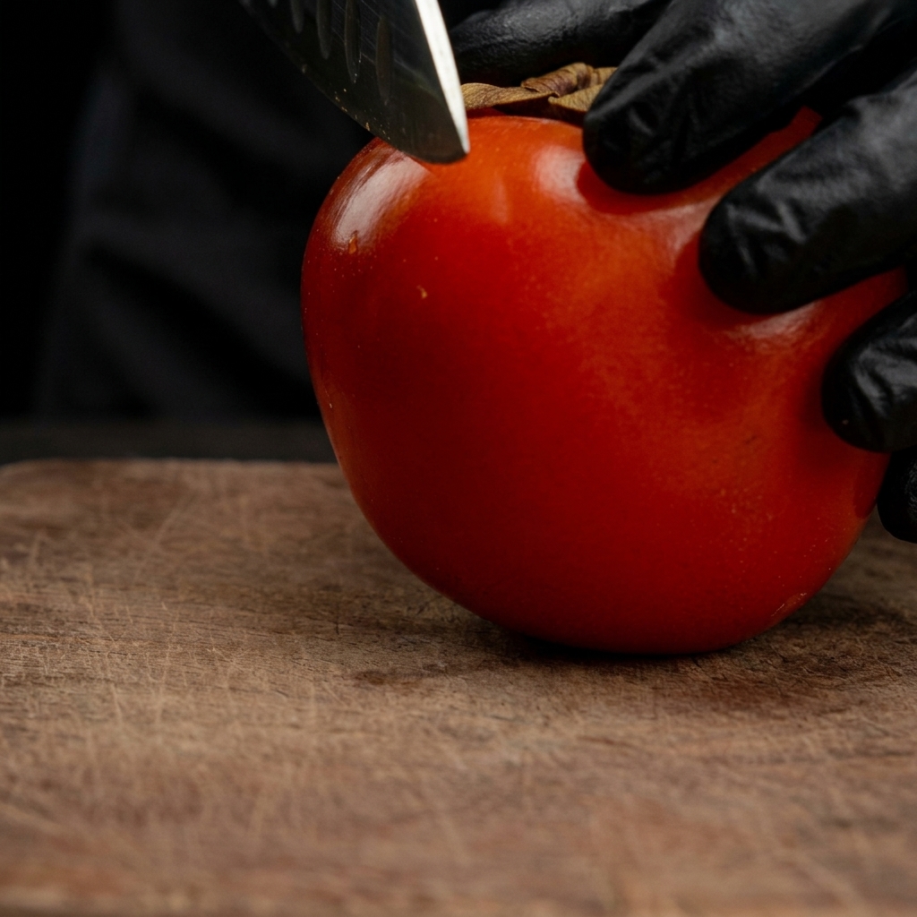 Une main gantée utilisant un couteau affûté pour couper une tomate rouge vif en rondelles épaisses sur une planche en bois.