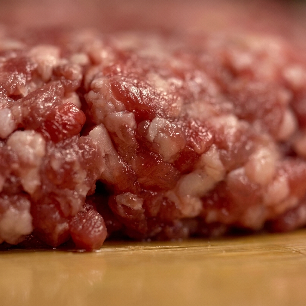 Gros plan de bœuf haché cru façonné en un steak épais et rond sur une surface en bois.