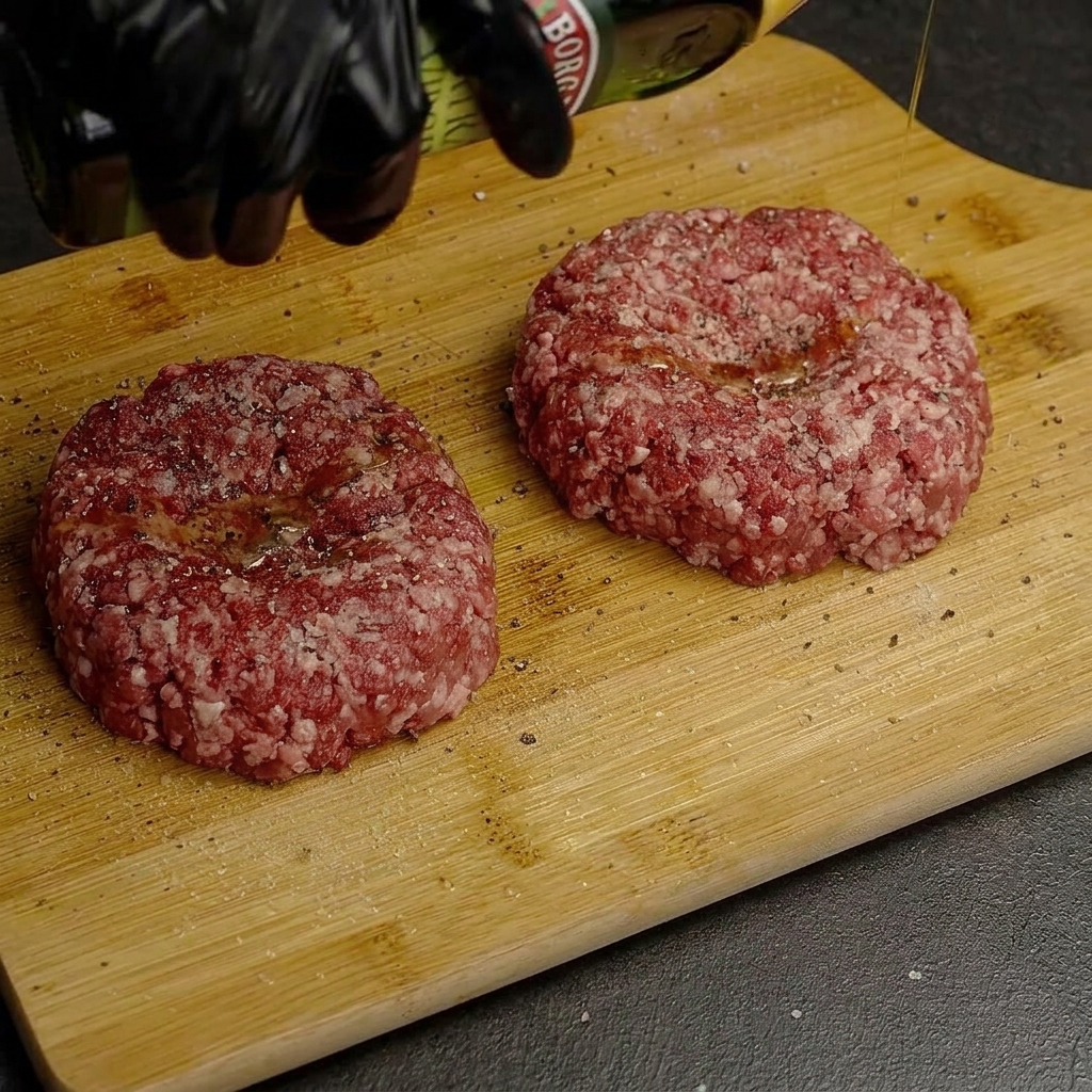 Steaks de bœuf crus sur une planche en bois en train dêtre assaisonnés avec du sel, du poivre et de lhuile dolive.