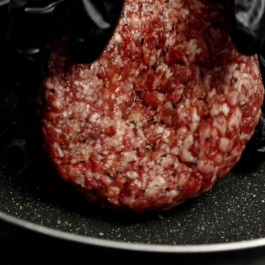 Une main gantée déposant délicatement un épais steak haché cru bien assaisonné dans une poêle chaude et sombre.