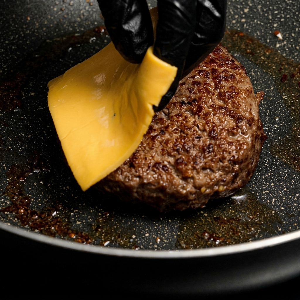Un steak haché poêlé sur lequel on dépose une tranche de fromage fondu.