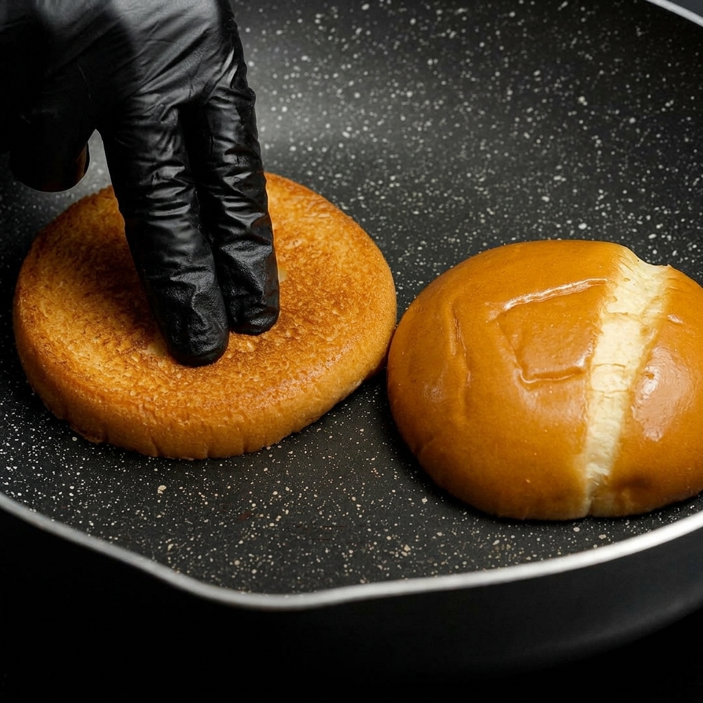 Deux moitiés de pain à burger toastées face vers le bas dans une poêle chaude.
