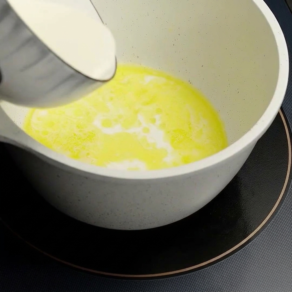 Une petite casserole blanche sur le feu avec du beurre fondu, dans laquelle on verse du lait et de la crème.