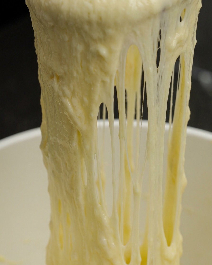 Gros plan dune sauce fromagère lisse et filante soulevée par une spatule hors dune casserole.