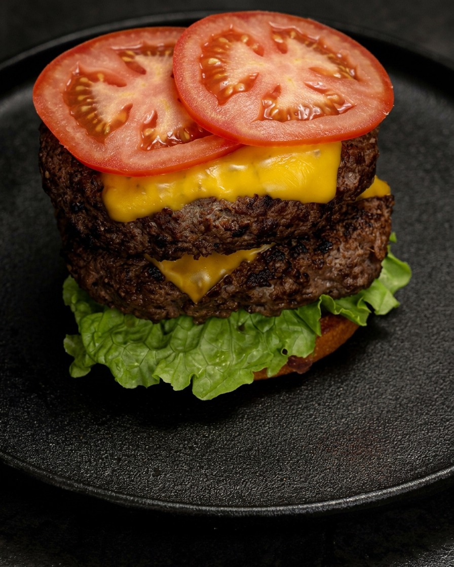 Lassemblage final du burger, montrant deux steaks de bœuf avec du fromage fondu, de la salade et des rondelles de tomates.